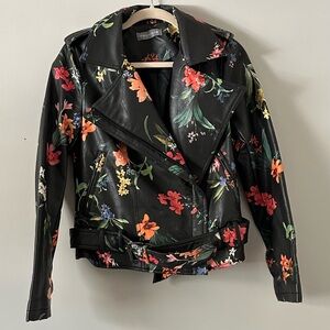 Bagatelle Floral Faux Leather Moto Jacket Size M Black Belted Biker Jacket